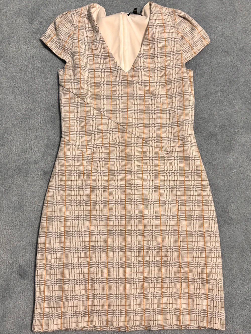 Express Plaid Cap-Sleeve Mini Dress in Beige and Tan